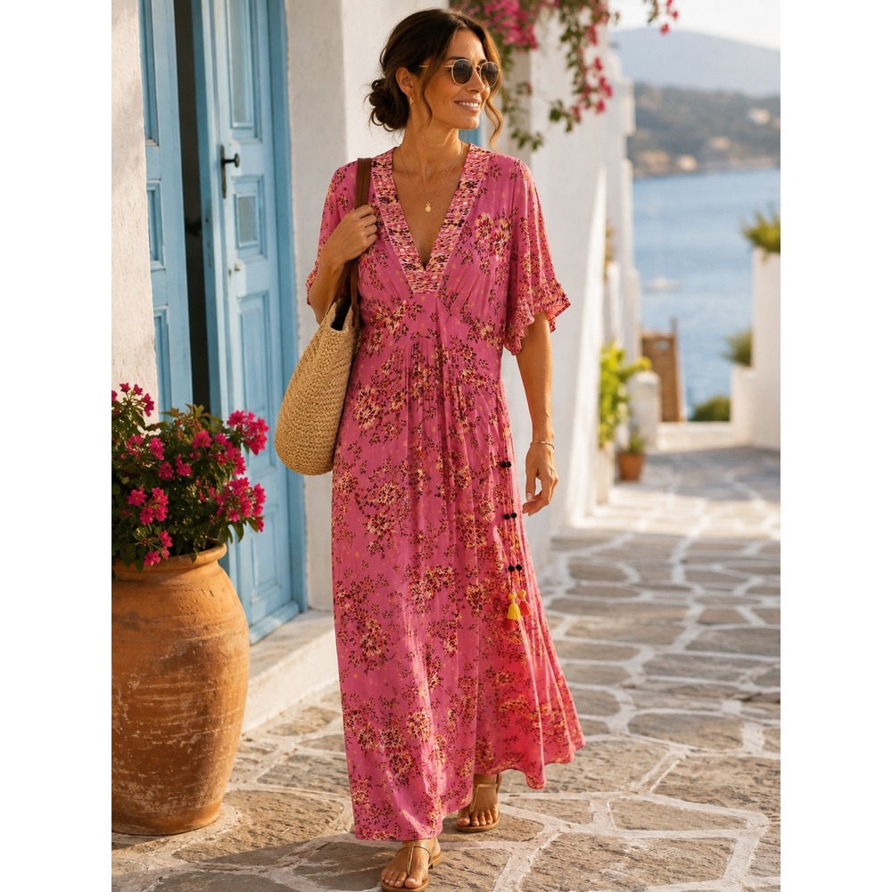 Poupette St Barth Maxi Dress Womens M Kaftan Pink Floral V-Neck Tassel